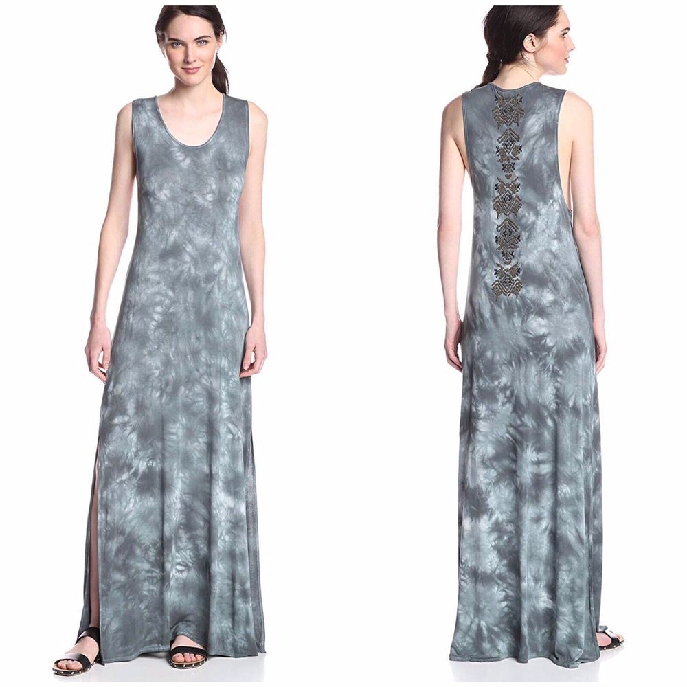 CHASER Womens XS Maxi Dress Green Tie Dye Beaded Back Side Slit vacation beach